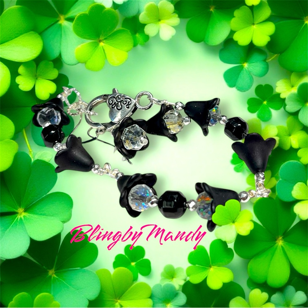 2 pc set tulip theme-Swarovski and black matte bracelet and earrings